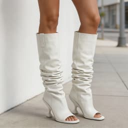 Women's Slouchy Knee High Boots Open Square Toe Pull On Wide Calf Boots Stiletto Kitten Heel Pleated Fashion Sandal Boots