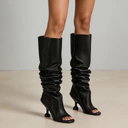 Women's Slouchy Knee High Boots Open Square Toe Pull On Wide Calf Boots Stiletto Kitten Heel Pleated Fashion Sandal Boots