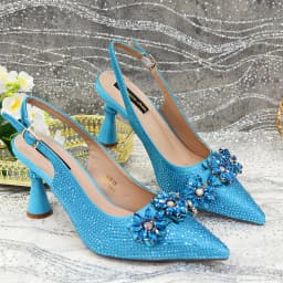 2025 Pointed Toe High Heels Shoes and Bags Set With Rhinestone for Women Wedding Party Elegant Luxury Fashion in Sky Blue