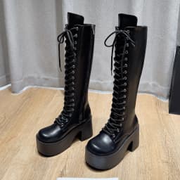 Womens Knee Length Boots Fashion Thick-soled Casual Boots High Quality Leather Boot Lace Up Platform Boots for Women Botas Mujer