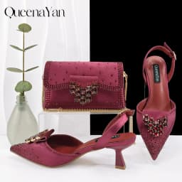 Queen Yan Green Color Rhinestone Comfortable Women's Pumps Heels And Bag Fashion Style Pointed-Toe Shoes For Farty Occasion