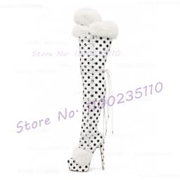 White Polka Dot Platform Thigh Boots With White Fur Women Sweet Round Toe Winter Snow Boots Thin High Heels Beige Suede Boots