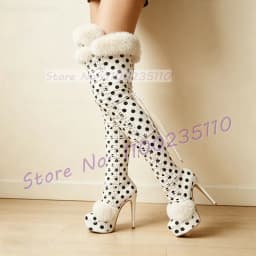 White Polka Dot Platform Thigh Boots With White Fur Women Sweet Round Toe Winter Snow Boots Thin High Heels Beige Suede Boots