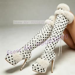 White Polka Dot Platform Thigh Boots With White Fur Women Sweet Round Toe Winter Snow Boots Thin High Heels Beige Suede Boots