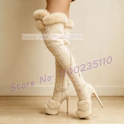 White Polka Dot Platform Thigh Boots With White Fur Women Sweet Round Toe Winter Snow Boots Thin High Heels Beige Suede Boots