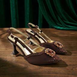 QueenYan Brown Satin Rhinestone Slingback Pointed Pumps Matching Scalloped Rhinestone Evening Clutch Bag Set Women Formal Shoes