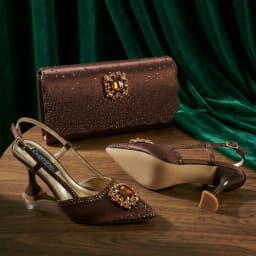 QueenYan Brown Satin Rhinestone Slingback Pointed Pumps Matching Scalloped Rhinestone Evening Clutch Bag Set Women Formal Shoes