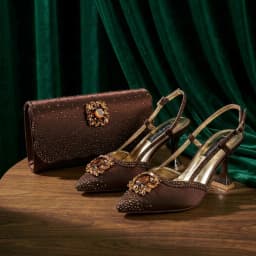 QueenYan Brown Satin Rhinestone Slingback Pointed Pumps Matching Scalloped Rhinestone Evening Clutch Bag Set Women Formal Shoes