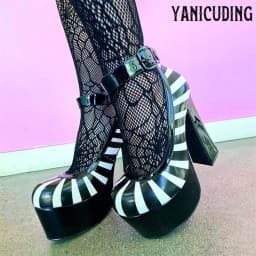 Black and White Stripes Platform Heels Stretchy Snap Buckle Pumps Ankle Strap Black Patent High Heels Women's Cute Custom Heels