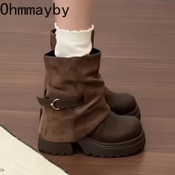 New Platform Thick Heel Women Ankle Boots Metal Buckle Decor Height Increase Shoes Autumn Winter Vintage Short Botas Mujer