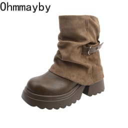 New Platform Thick Heel Women Ankle Boots Metal Buckle Decor Height Increase Shoes Autumn Winter Vintage Short Botas Mujer