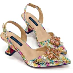 Venus Chan Elegant Rhinestone Heels & Matching Bag Set, Colorful Print Pointed Toe Block Heels for Banquet Club Night