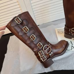 ArdenFurtado Metal Buckle Square Toe Knee High Boots Genuine Leather Brown Punk Long Boots Woman Chunky Heels Motorcycle Booties