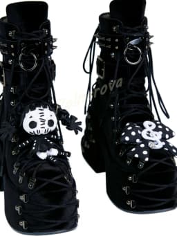Velvet Doll Bow Spike Rivet Ankle Boots Gothic Platform Women Buckle Lace Up Chunky High Heel Shoes Black Punk Party Goth Shoes