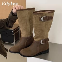 Eilyken Winter Retro Contrasting Splicing Buckle Strap Women Knee-High Boots Western Style Round Toe Square Low Heels Shoes