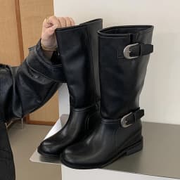 Eilyken Winter Retro Contrasting Splicing Buckle Strap Women Knee-High Boots Western Style Round Toe Square Low Heels Shoes