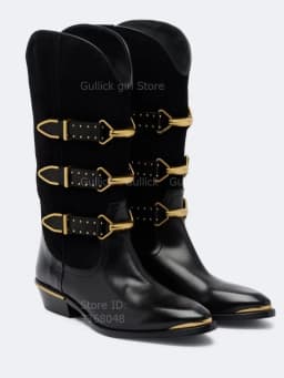 Gold Metal Buckle Western Middle Heel Boots Chunky Heel Slip On Buckle Strap New Arrivals 2026 Winter Autumn Handmade Shoes