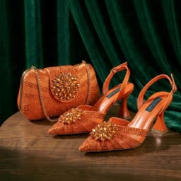 New Italian Pumps and Bag To Party 2026 INS Style Pointed DURABLE OUTSALE Rhinestone Elegant Coffee Color High Heels for Women
