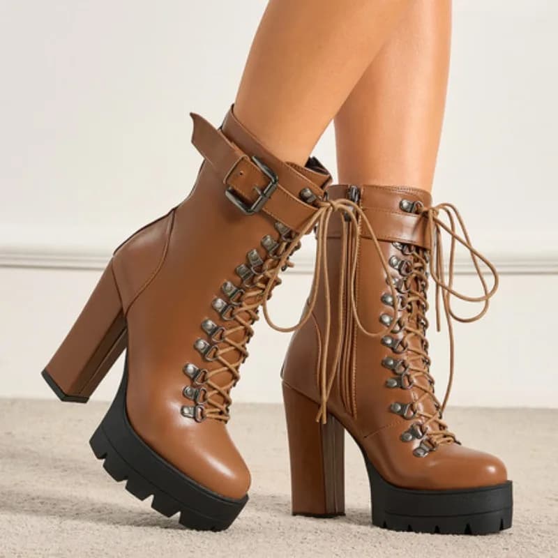Women's Ankle Boots High Heels Fall Winter Platform Ladies Motorcycle Boots Thick Heels Lace-up Riding Boots Ladies Party Shoes