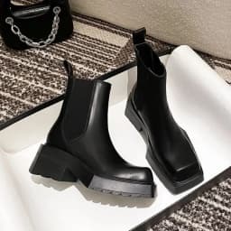 Black Chunky Heel Chelsea Boots Women British Style Leather Square Toe Platform Ankle Boots Casual Non-slip Motorcycle Boots