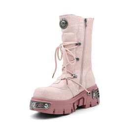 New Punk Women's Platform Ankle Boots Female's Rock Round Toe Lace Up Woman Fashion Retro Chunky Shoes Metal Decor Short Boots