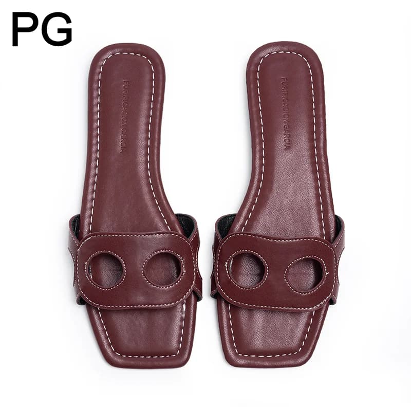 PG Minimalist Square Front Slide Sandals Double Hollow Detail Low Flat Heel Spanish All Match Office Commute Summer Footwear