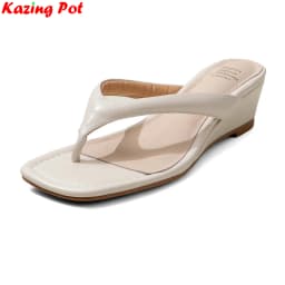 Krazing Pot Genuine Leather Mules Flip Flops Slingback Summer Shoes Concise Design Wedges Casual Fashion Women Outside Slippers