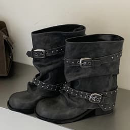 Eilyken New Design Rivet Belt Buckle Splicing Woman Ankle Boots Punk Style Round Toe Square Low Heels Banquet Shoes