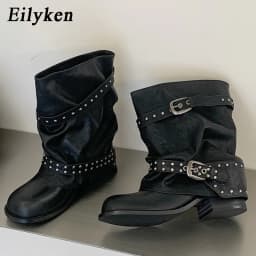 Eilyken New Design Rivet Belt Buckle Splicing Woman Ankle Boots Punk Style Round Toe Square Low Heels Banquet Shoes
