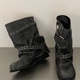 Eilyken New Design Rivet Belt Buckle Splicing Woman Ankle Boots Punk Style Round Toe Square Low Heels Banquet Shoes