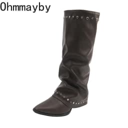 Pointed Toe Rivet Wide Calf Long Boots Women Ruched Slip On Block Heel Vintage Western Knee High Boots Ladies Fashion Footwear