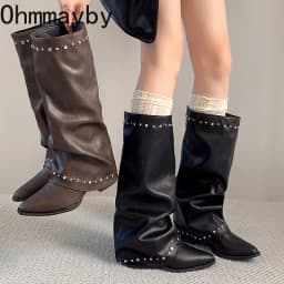 Pointed Toe Rivet Wide Calf Long Boots Women Ruched Slip On Block Heel Vintage Western Knee High Boots Ladies Fashion Footwear