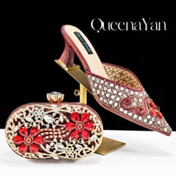 QUEENA YAN Luxury Pink Rhinestone Party Shoes and Clutch for Women- Elegant Crystal Heels with Matching Evening Bag