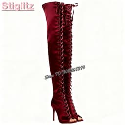 Champagne Peep Toe Stiletto Sandals Boots Satin Silk Cross-tied Over-the Knee Boots 2025 Autumn New Fashion Women Elegant Shoes