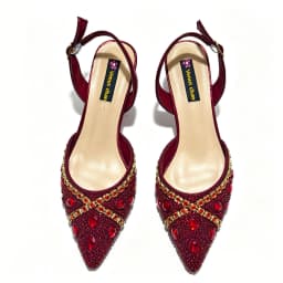 Elegant Wine Color Rhinestone & Pearl Slingback Heels with Matching Top Handle Handbag Set for Women - Formal Wedding & Prom