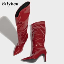 Eilyken Red Wedding Patent Leather Women Knee-High Boots Fashion Thin High Heels Shoes Zipper Winter Autumn Female Pumps