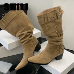 Pointed Toe Knee-High Boots For Women Khaki Wide Tube Long Boots Designer Fashion High Heels Elegant Shoes Botas Knight Boots