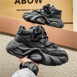 Men High Top Chunky Dad Sneakers Thick Wave Air Cushion Midsole Thick Rope Laces Leather Platform Street Fashion Casual Shoes