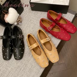 Meotina Women Genuine Leather Mary Janes Round Toe Flats Buckle Crystal Concise Glove Shoes Ladies Fashion Shoes Spring Autumn