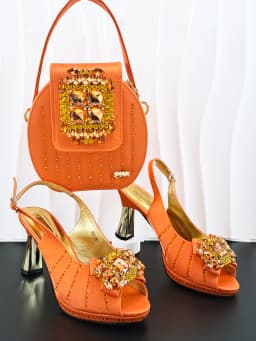INS New Arrival Orange Color Party Wedding Pointed Toe Ladies Casual High Heels and Soft Bag Set Decorated With Rhinestone