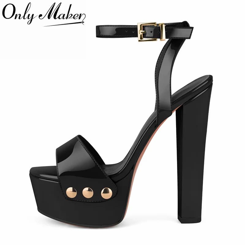 Onlymaker Women Peep Toe Platform Patent Leather Ankle Strap Sandals Slingback Party Dress Big Size Chuny Heel Sandals