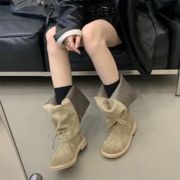 ZAROY Strap Lace Up Knee High Boots Women Autumn Winter Wide Calf Fold Ankle Boots Chunky Low Heel Patchwork Riding Booties