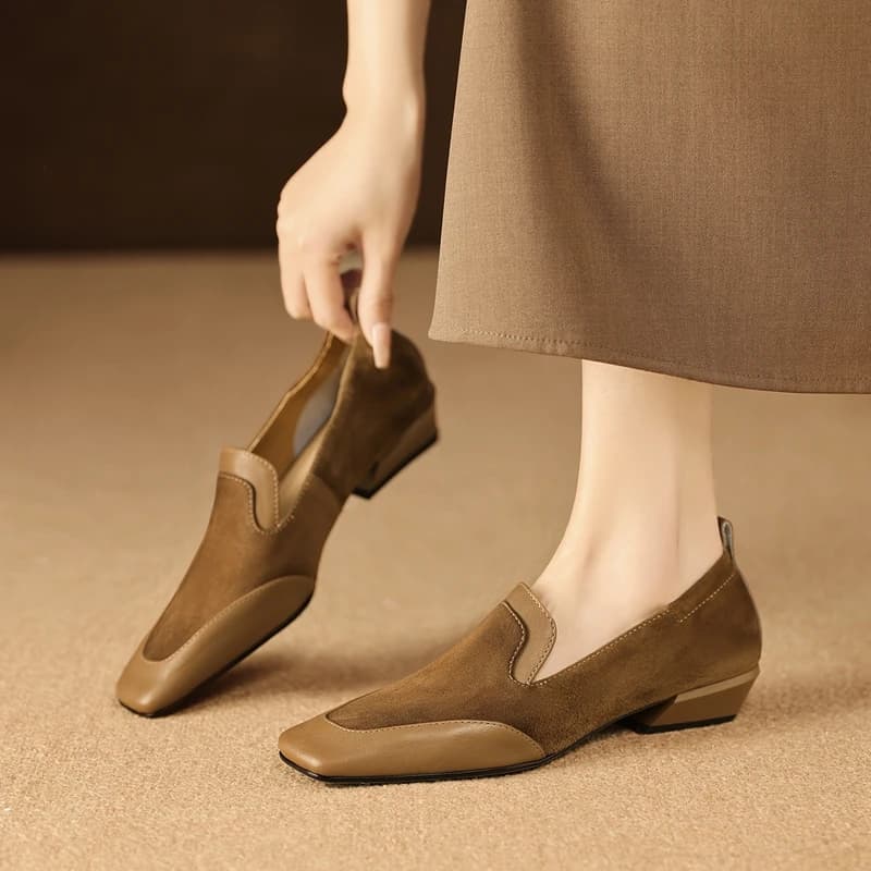 2026 New Trend Spring Genuine Cow Leather Loafers Women Brown Black Shoes Square Toe Retro Low Block Heels Office Ladies