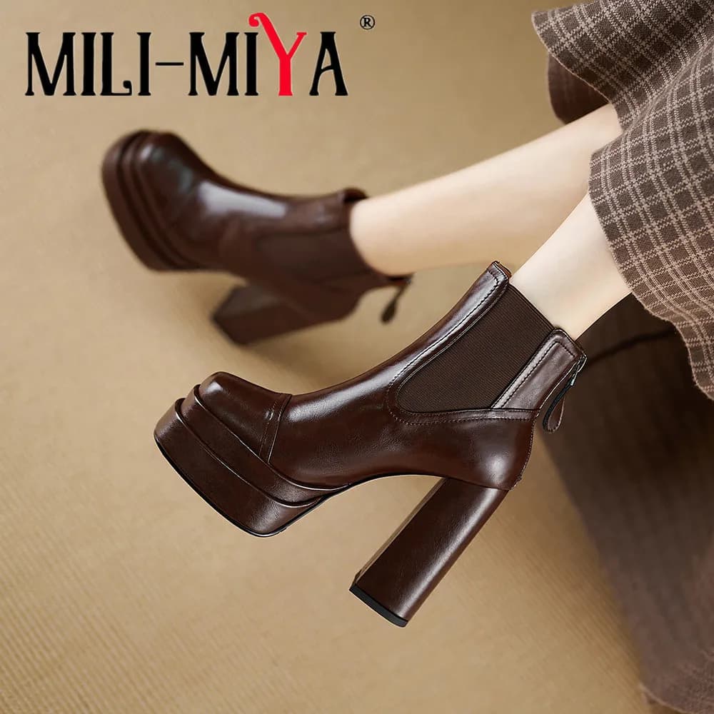 MILI-MIYA Fashion Platform Women Full Genuine Leather Ankle Boots Super High Thick Heels Solid Color Zippers Handmade For Ladies