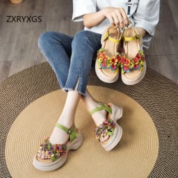 ZXRYXGS Bohemian Style Classic Flowers Sandals Fashionable Shoes Woman New 2026 Premium Real Leather Platform Increase Sandals