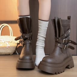 Lined Warm Women Platform Mid Calf Boots Multi Buckle Strap Faux Leather Shoes Casual Autumn Thick Sole Motorcycle Boots