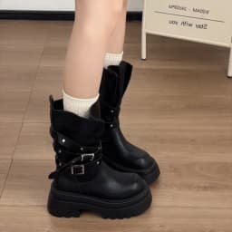 Lined Warm Women Platform Mid Calf Boots Multi Buckle Strap Faux Leather Shoes Casual Autumn Thick Sole Motorcycle Boots
