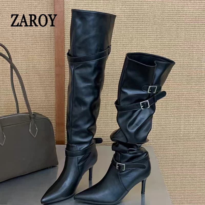 ZAROY Women High Boots Black Leather Pointed Toe Thin High Heels Cozy Knee-High Boots Punk Buckle Strap Pleated Knight Booties