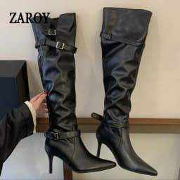 ZAROY Women High Boots Black Leather Pointed Toe Thin High Heels Cozy Knee-High Boots Punk Buckle Strap Pleated Knight Booties