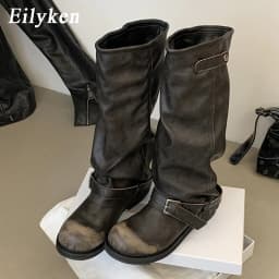 Eilyken Winter Vintage Punk Pleated Round Toe Knee High Boots Women Designer Buckle Strap Square Heels Shoes Botas Zapatos Mujer